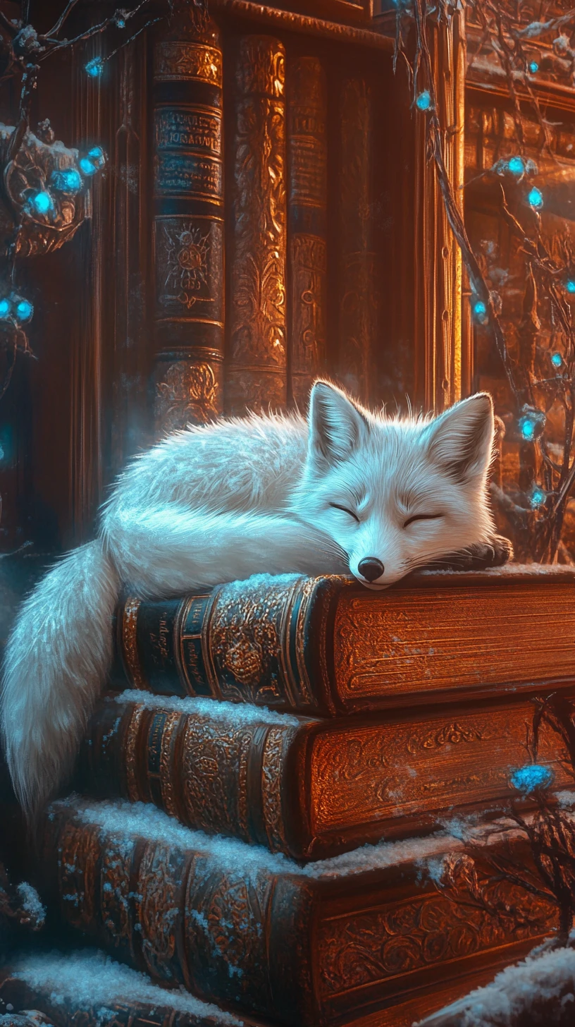 Raposa-do-ártico descansando entre grimórios congelados no brilho da biblioteca