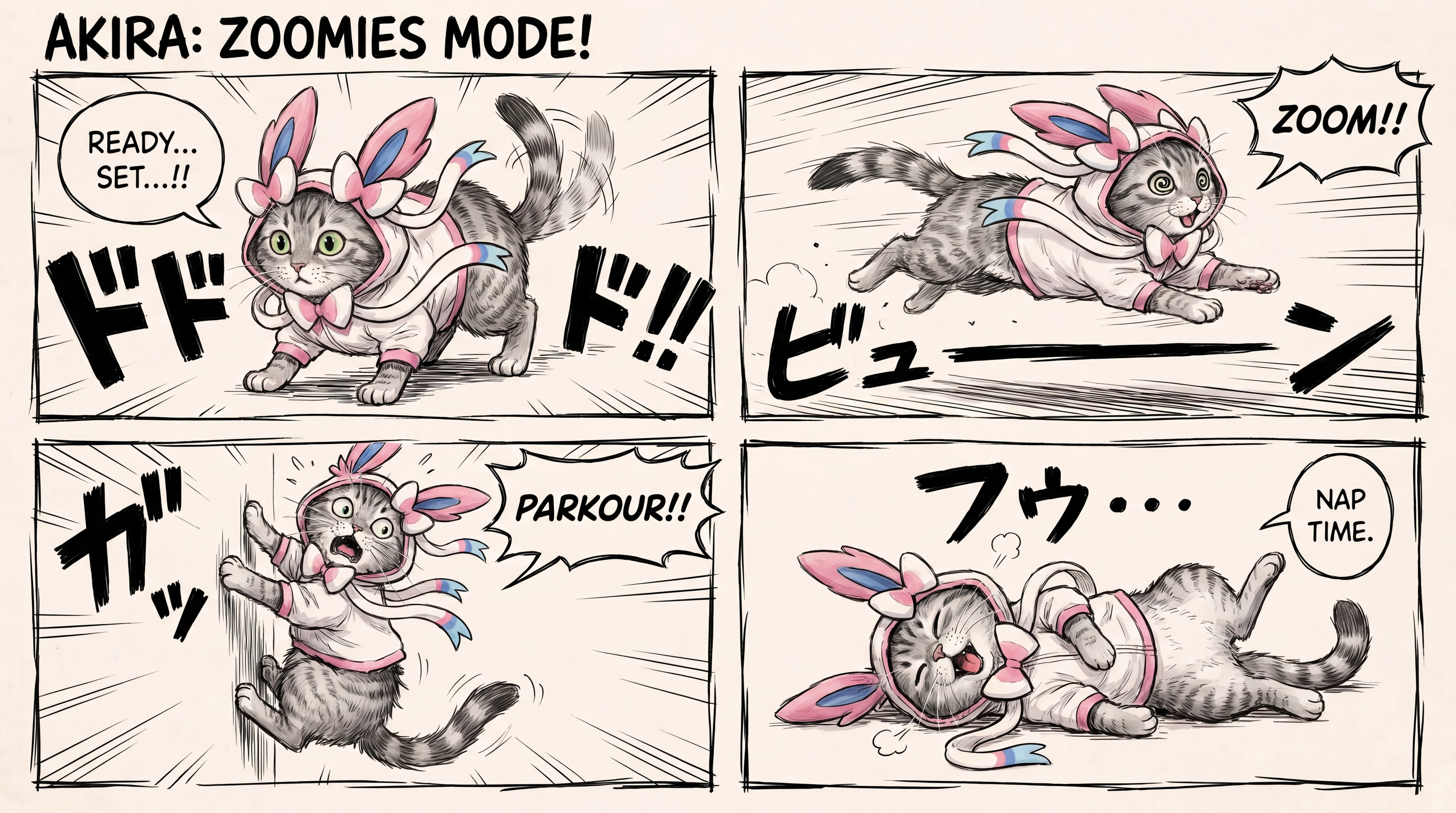 Verspieltes Zoomies-Katzen-Charakterblatt im Manga-Cartoon-Stil