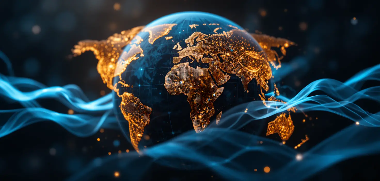 Abstrakte digitale Weltkugel mit fließenden globalen Datenbändern