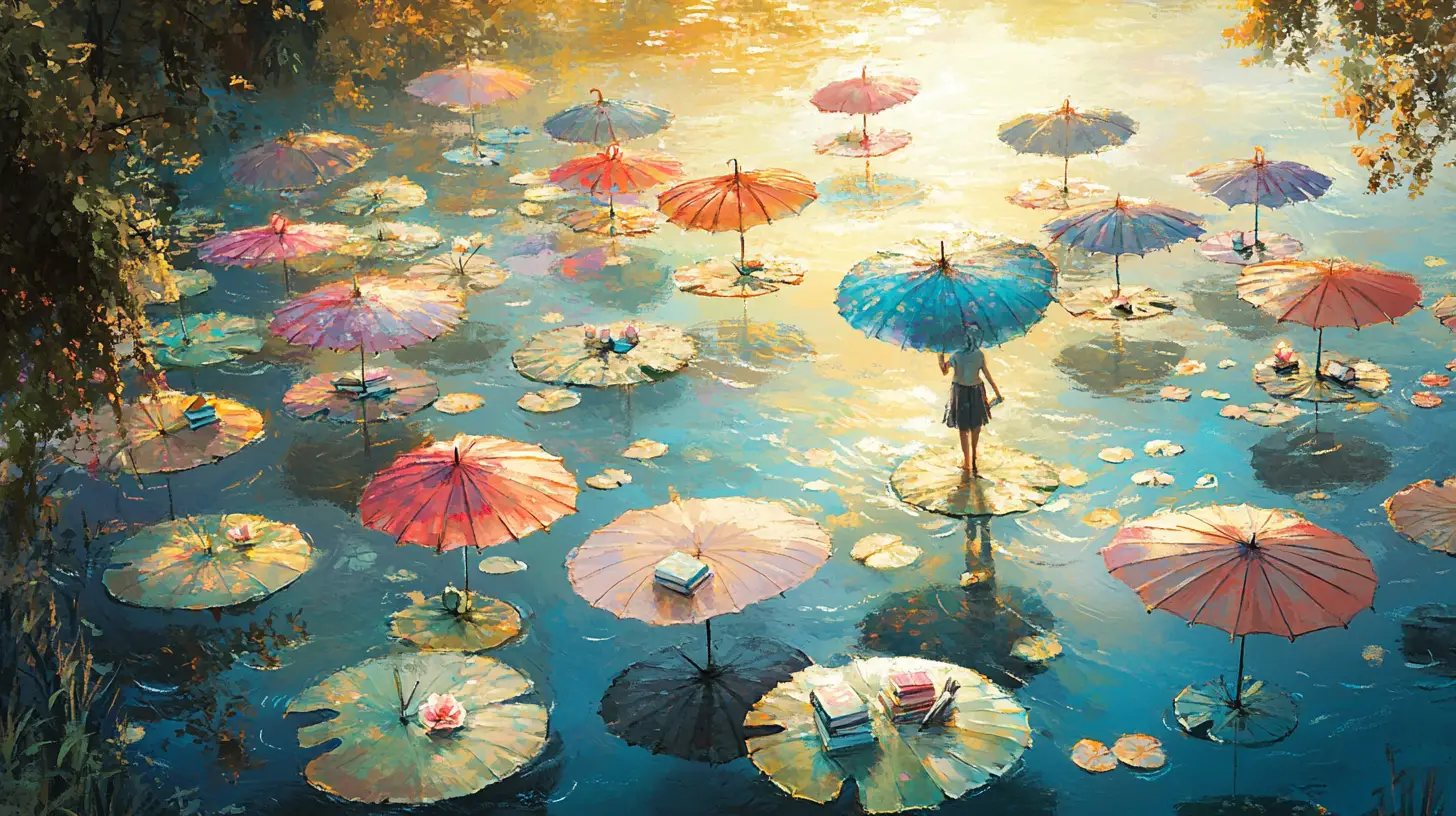 Personne traversant des nénuphars en forme de parapluie sur une berge ensoleillée