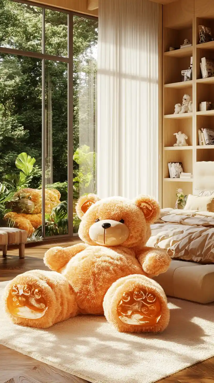 Whimsical gummy bear bed in a modern neutral bedroom