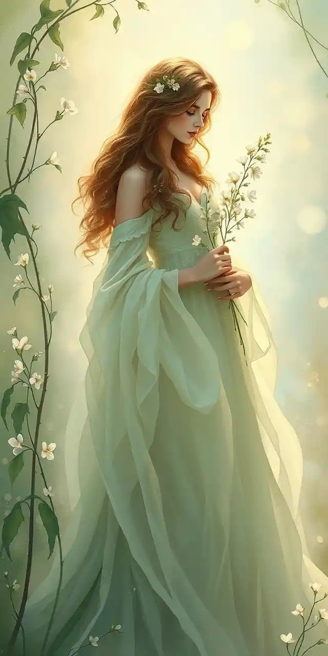 Serene woman in a floral gown bathed in soft spring light