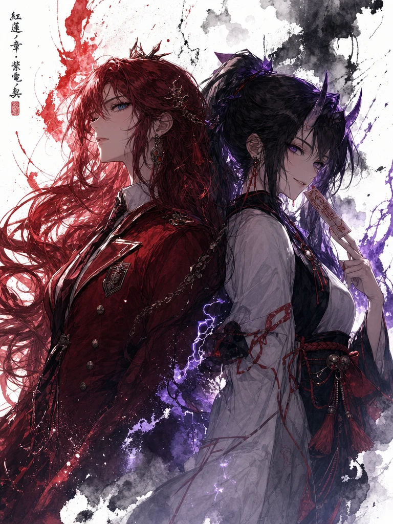Back to back anime heroines in sumi e watercolor portrait