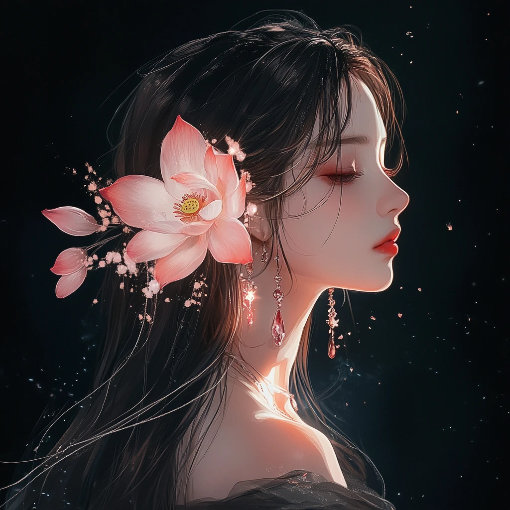 Ethereal anime woman with glowing lotus flowers