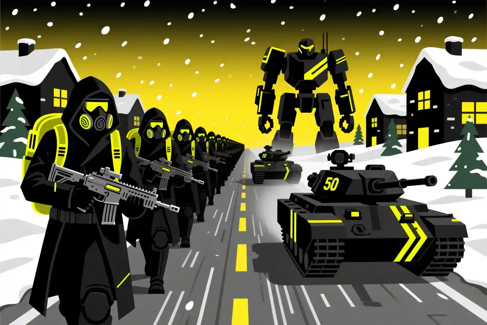 Futuristic super soldiers and tanks on snowy sci fi road