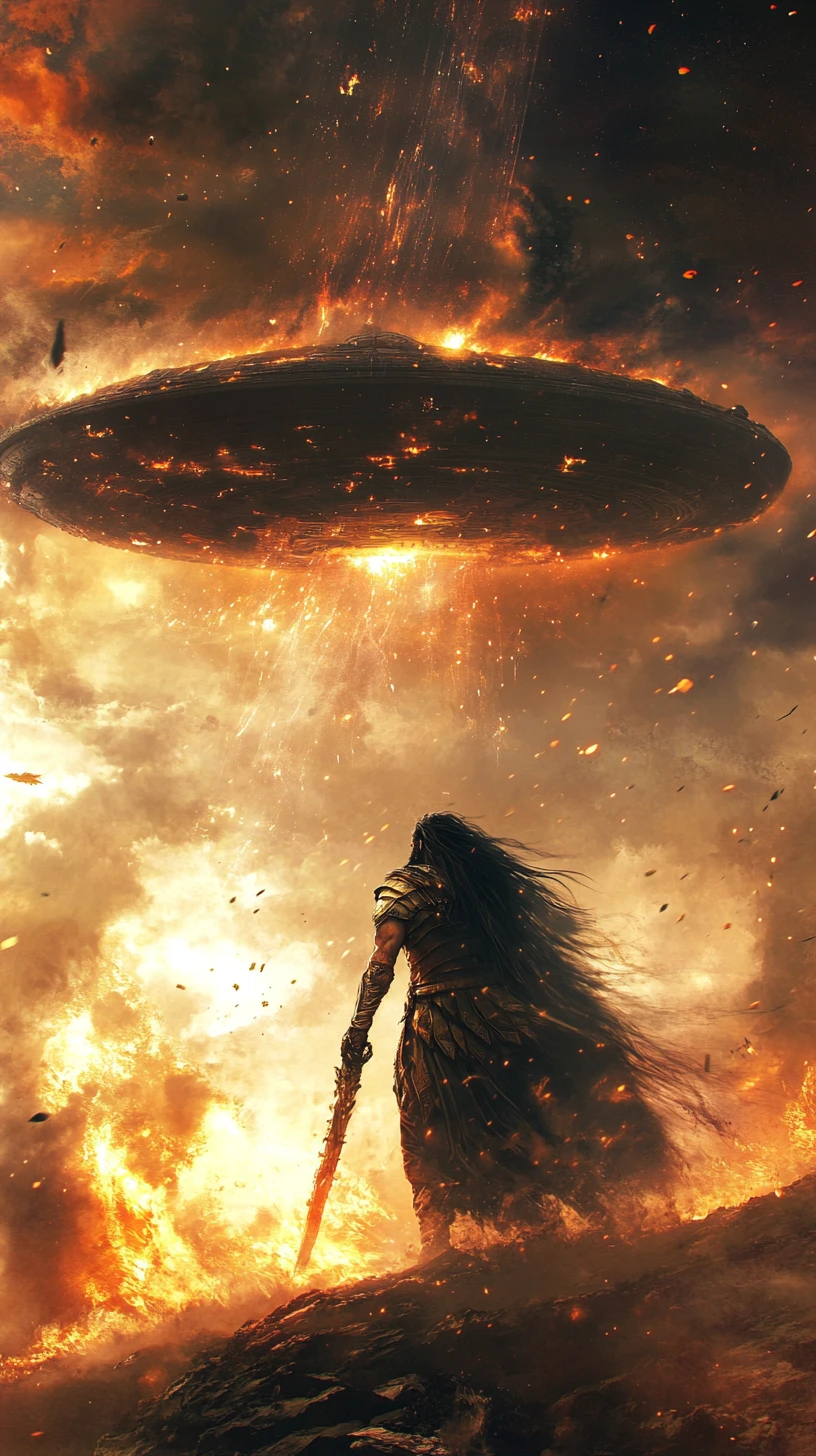 Hephaistos schmiedet ein glühendes eisernes UFO in einer antiken Schmiede