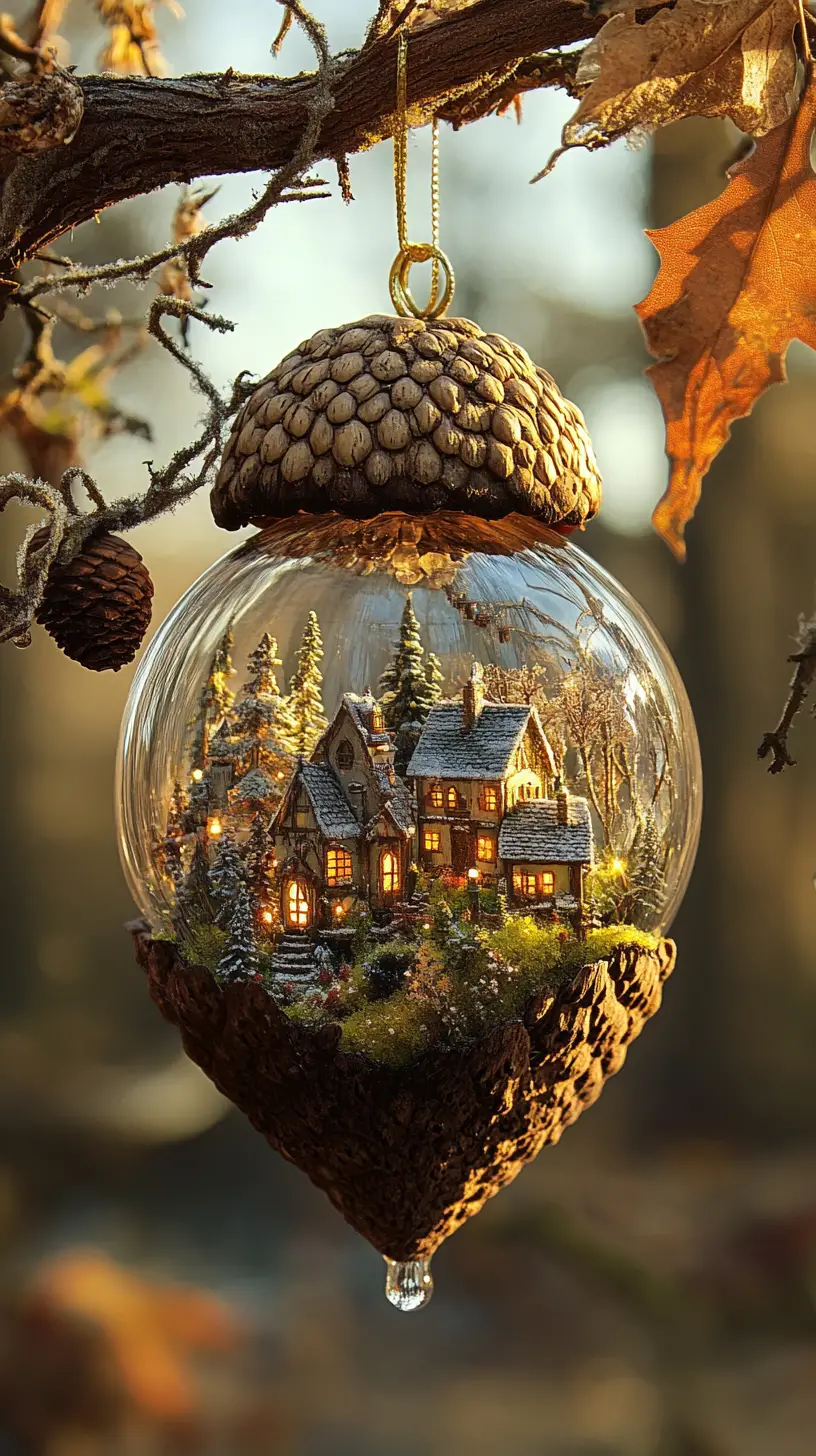 Miniature village inside glowing acorn Christmas ornament