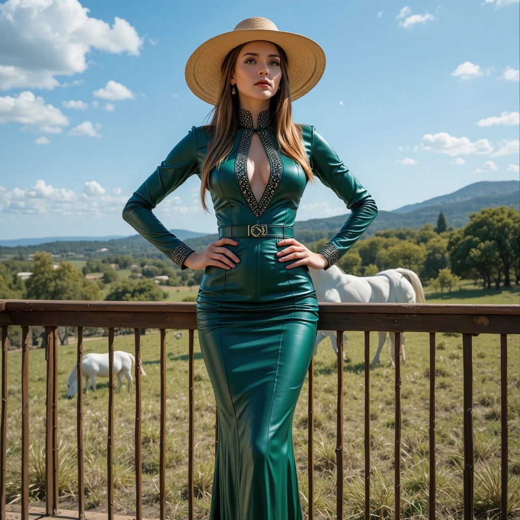 Woman in green dress on balcony above peaceful landscape