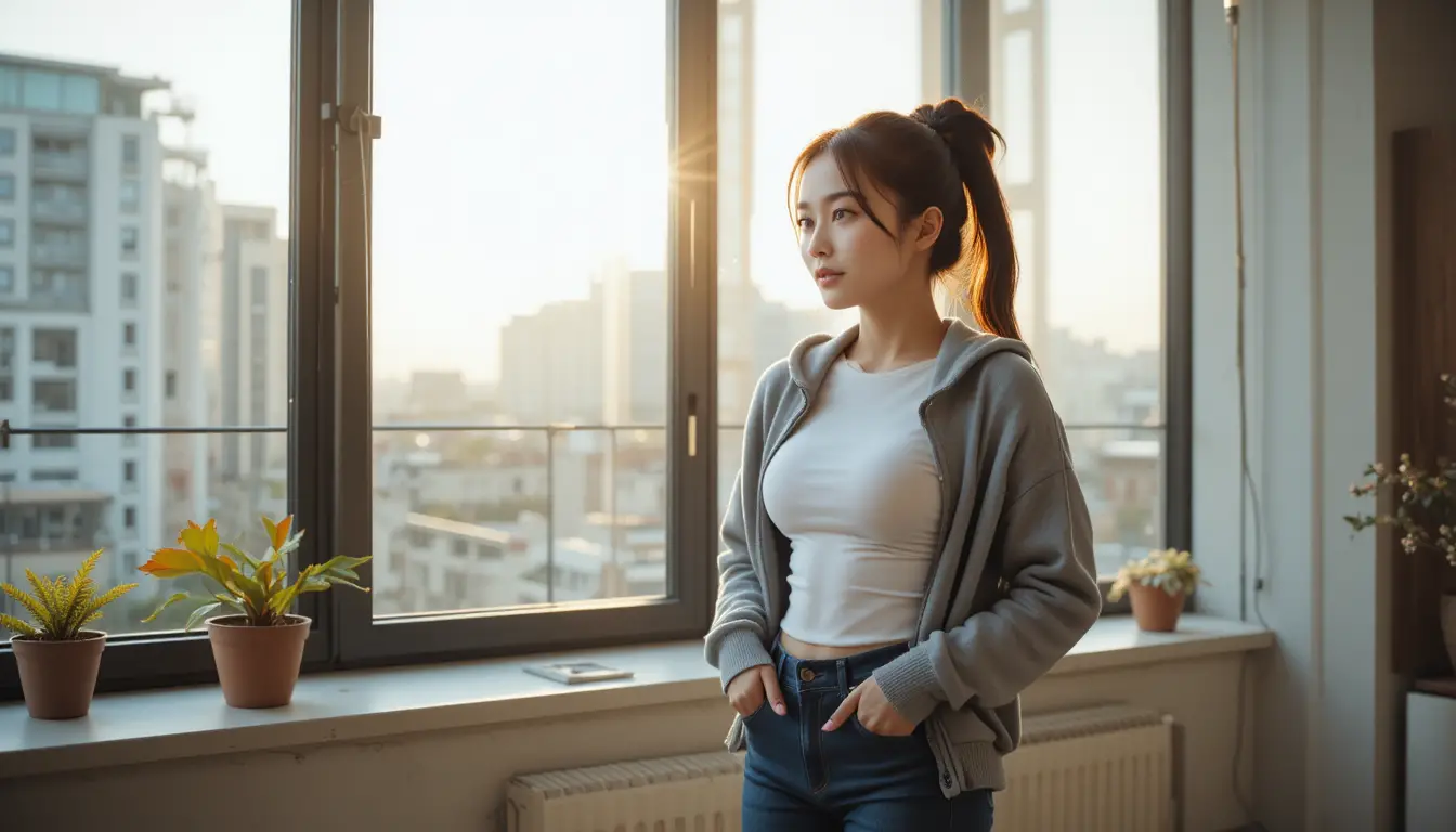 陽光灑落公寓窗邊的韓國女大學生