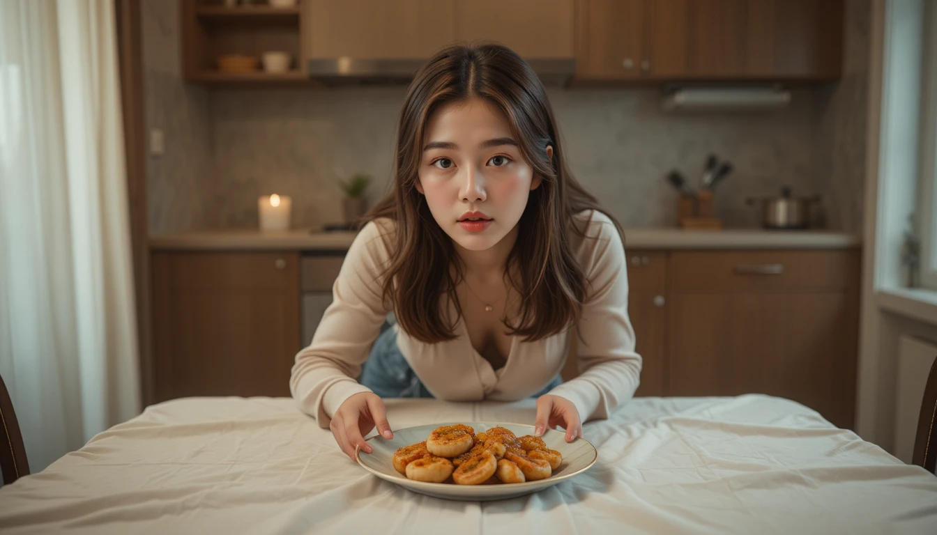 촛불이 켜진 저녁 식탁에서 당황한 한국 여대생