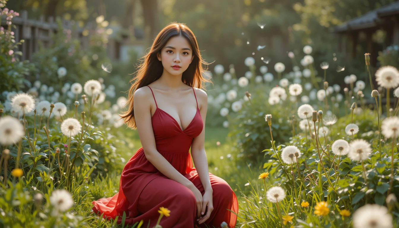 Korean girl kneeling in an overgrown garden at golden hour