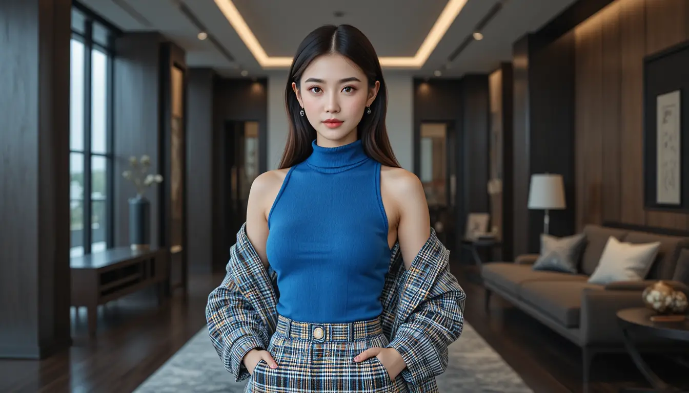 Korean college girl in asymmetrical fashion portrait indoors