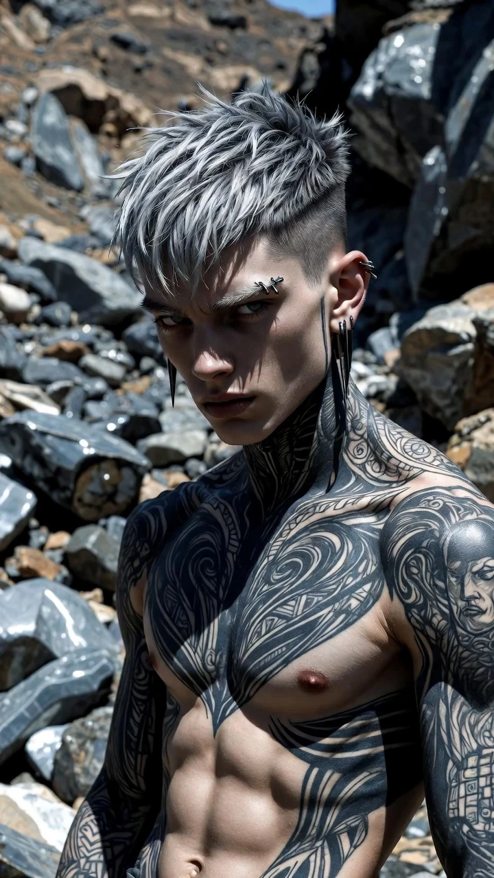 Homem musculoso tatuado em paisagem rochosa sob luz intensa