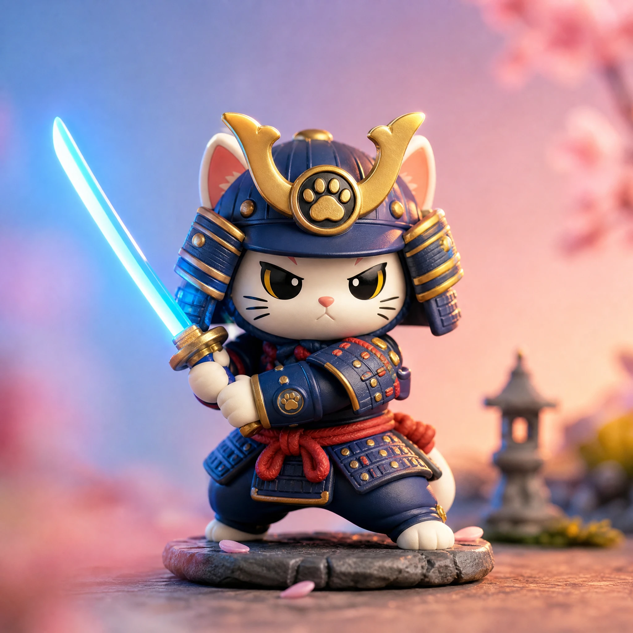 Mini gato samurai de vinil com katana azul brilhante