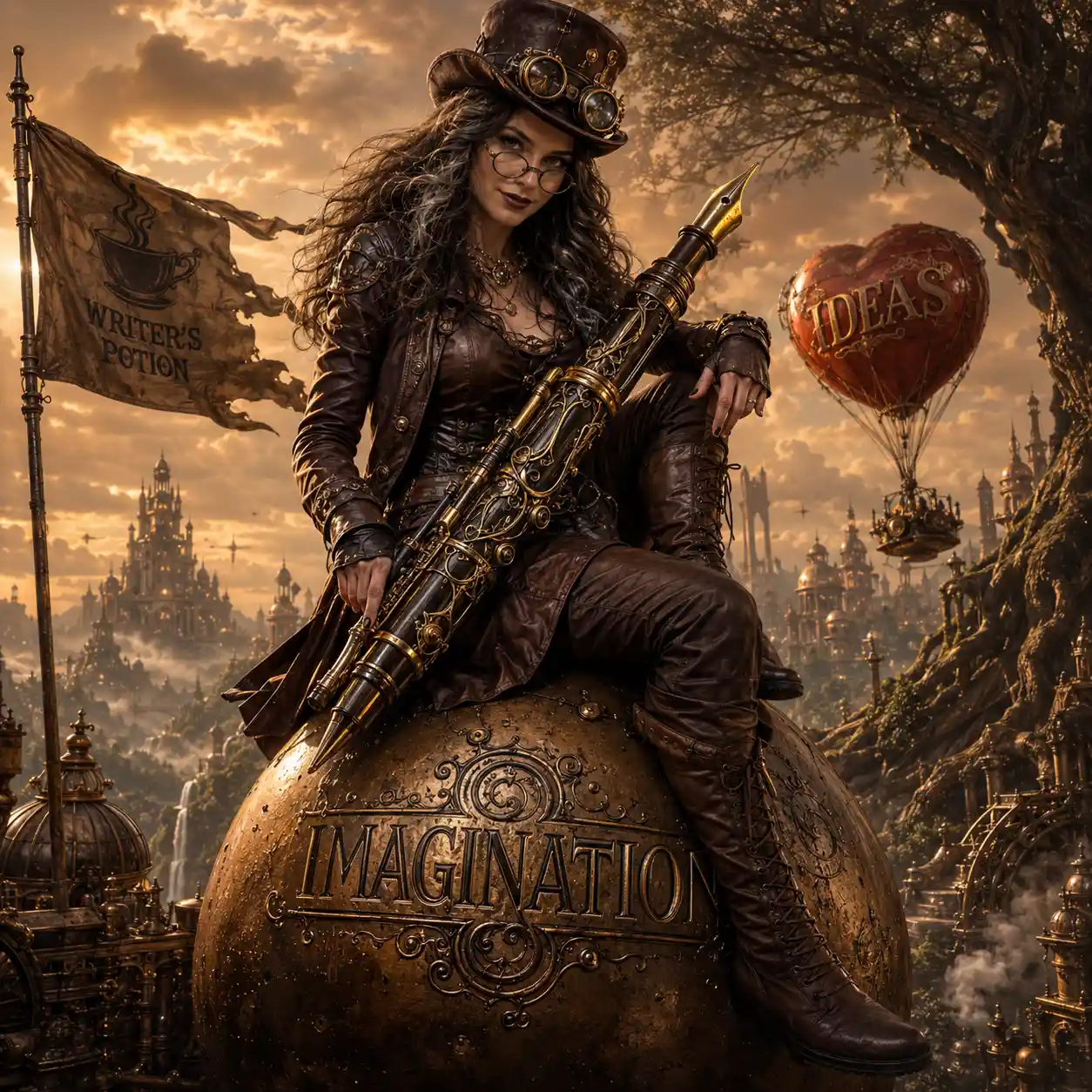 Mujer steampunk sobre una gigantesca bala de cañón en un paisaje urbano surrealista