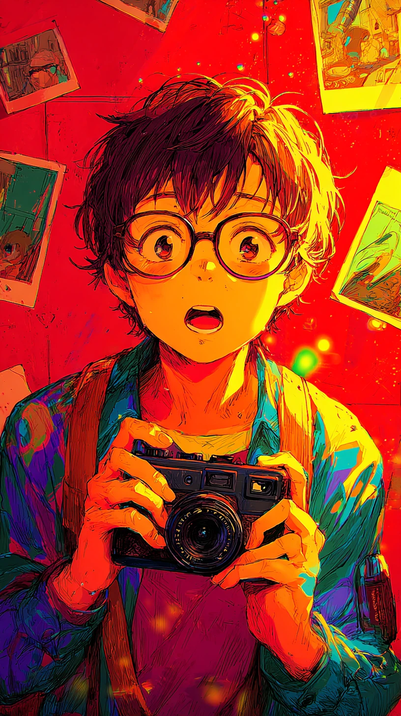 Chico de anime estudiando una cámara vintage en primer plano