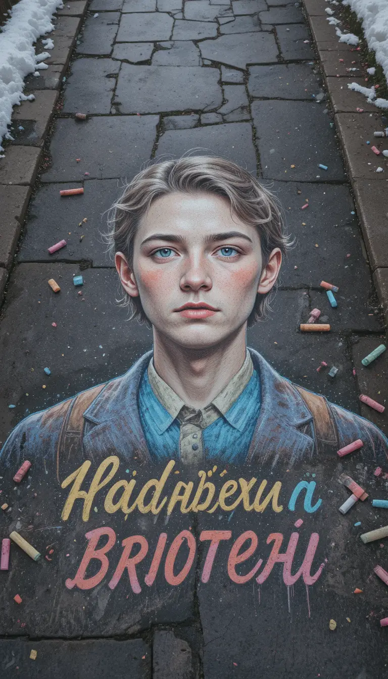 Chalk portrait of a girl on wet urban asphalt