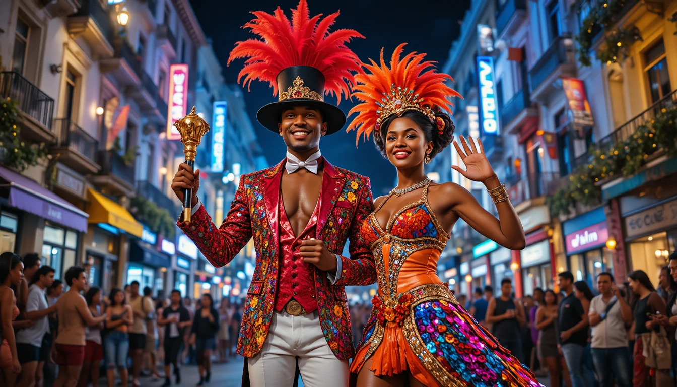 Artistas sorridentes de carnaval em uma vibrante rua noturna