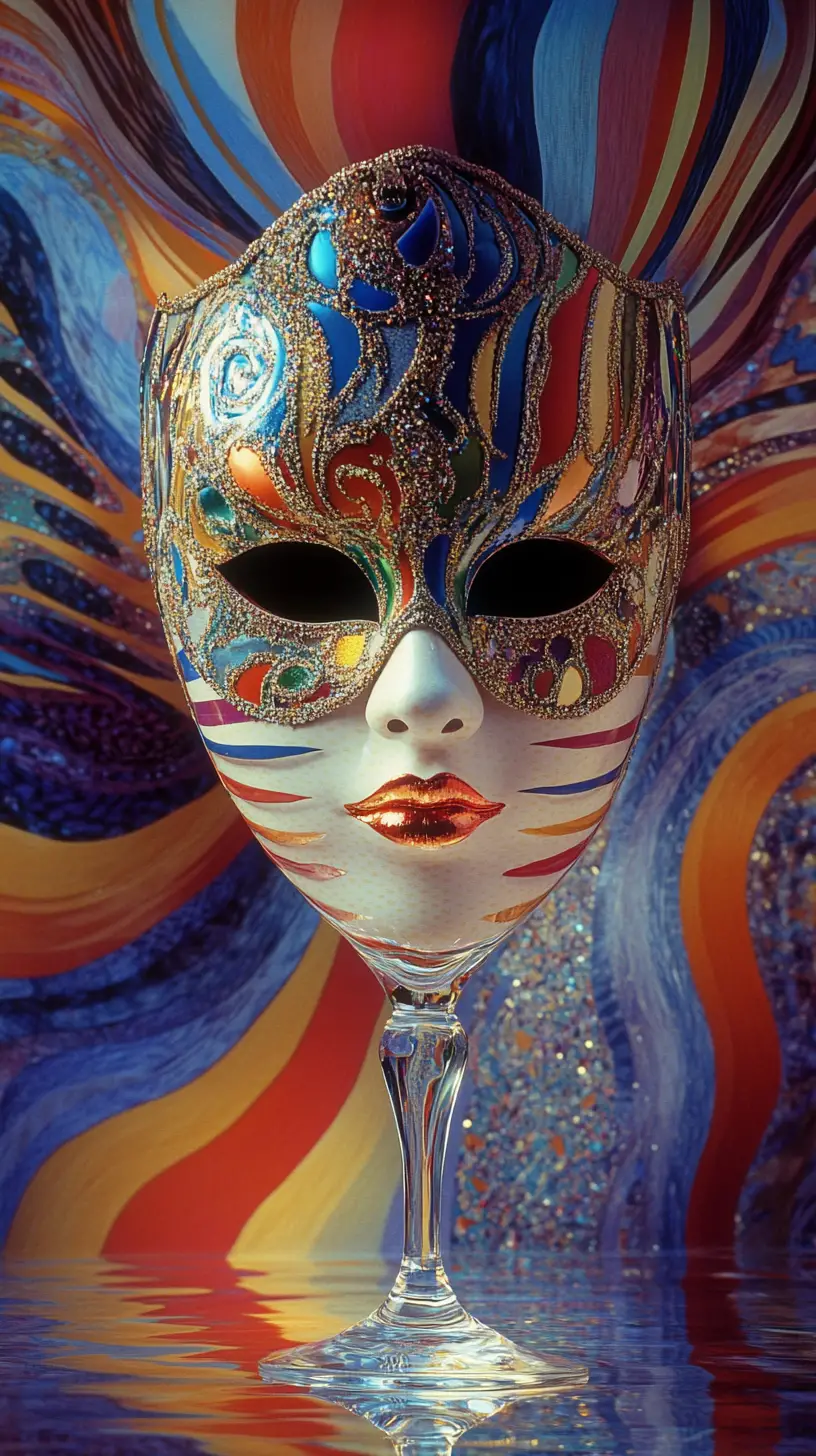 Faceted glass and venetian mask in pointillist illusion