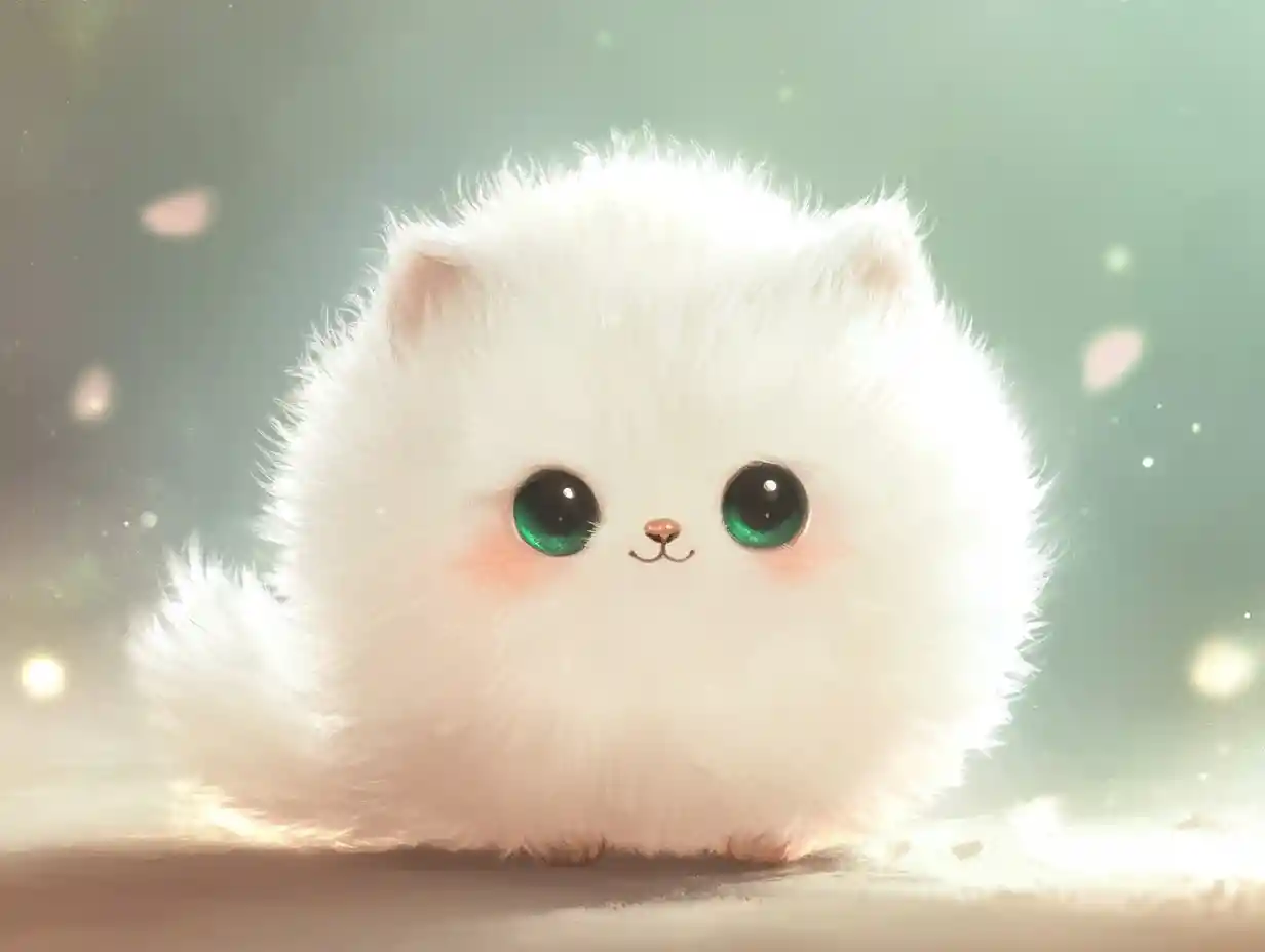 Flauschiges weißes Fuchsbaby, zusammengerollt in einer sanften, traumhaften Szenerie