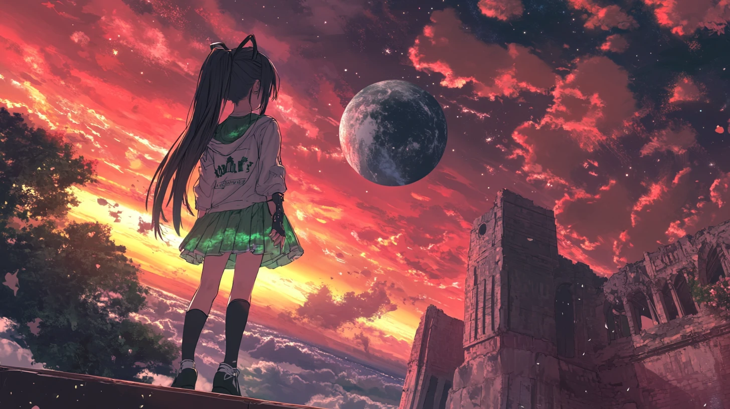 Garota de anime em um muro de castelo de tijolos vermelhos ao pôr do sol