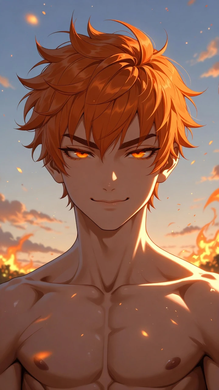 Homem de anime confiante sob um céu de pôr do sol brilhante
