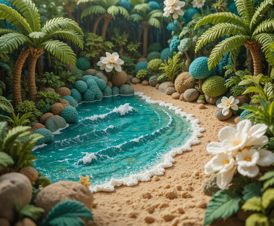 Gehäkeltes Tropenstrand-Diorama mit Lagune und Palmen