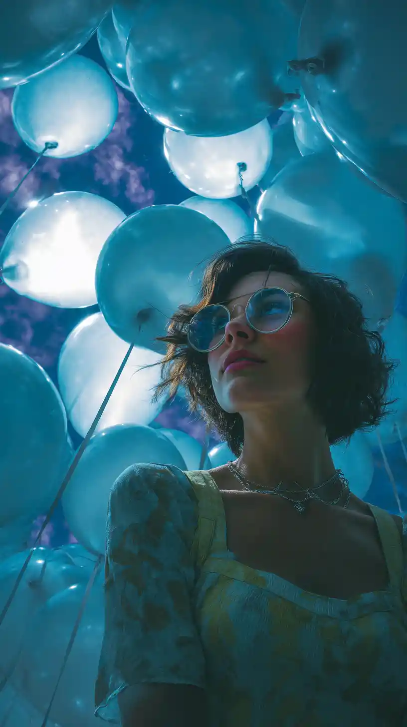 Stilvolle Frau blickt zu surreal herabregnenden Ballons auf