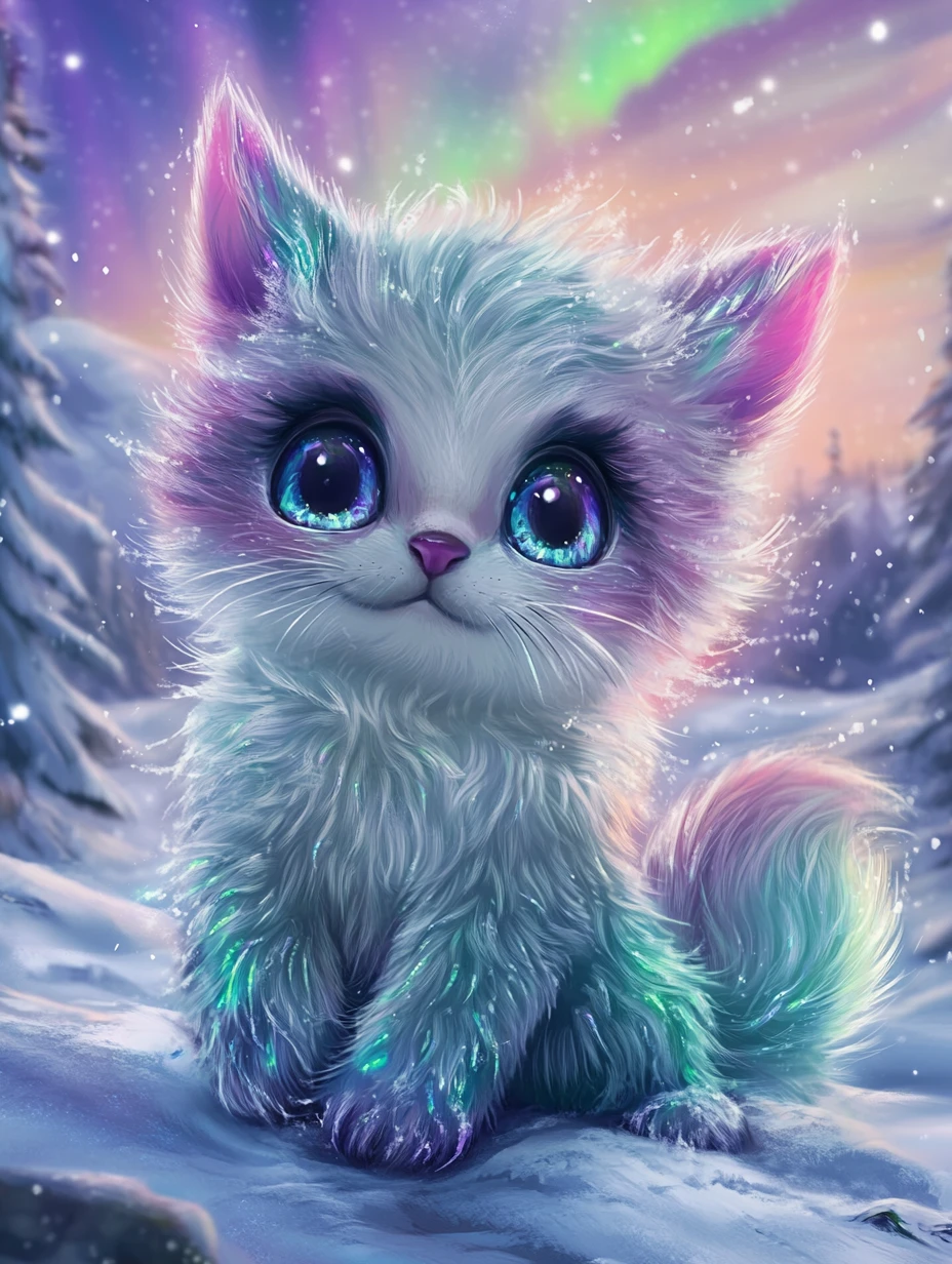 Criatura Chibi de Aurora em uma Noite Ártica Mágica