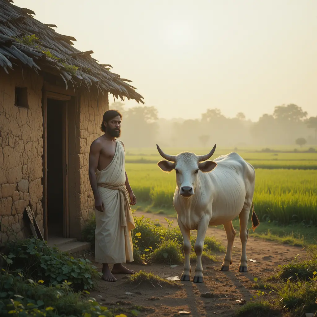 Indian farmer with white cow in village sunrise field