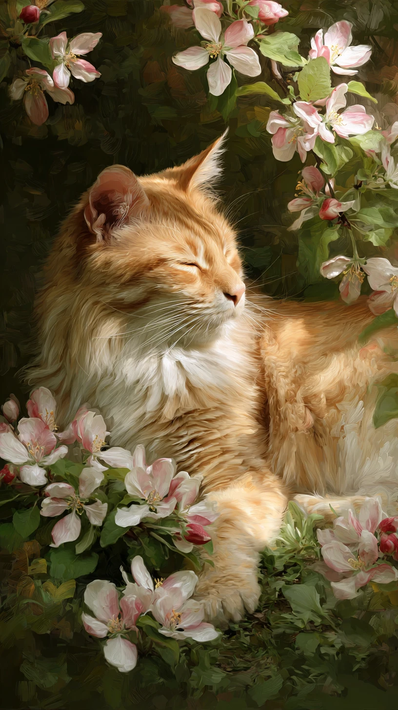 Chat tigré orange se reposant calmement dans un verger en fleurs
