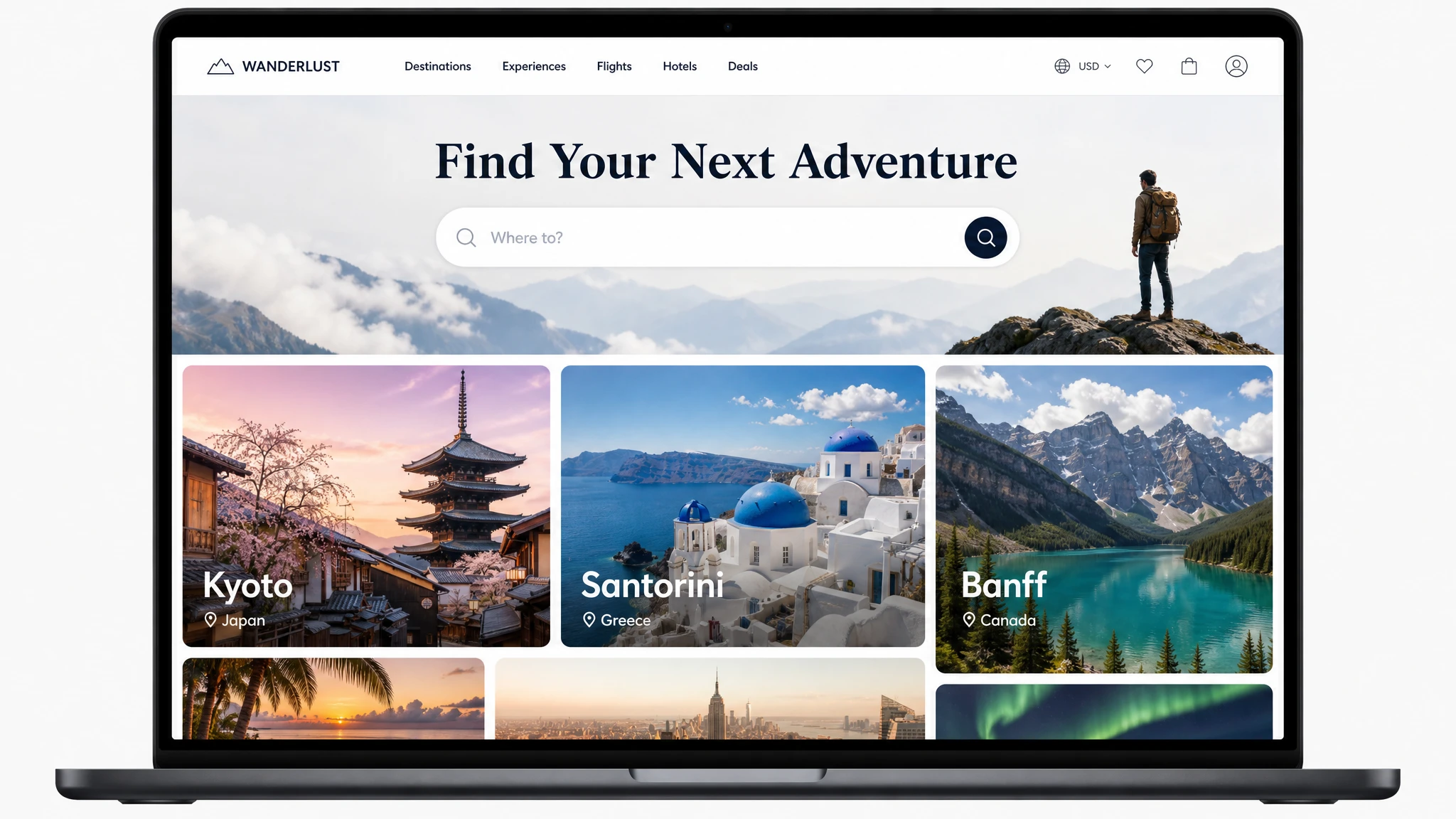 Wireframe de sitio de reservas de viajes en la pantalla de un portátil