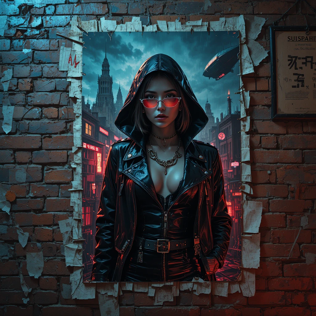 Cyberpunk outlaw queen poster on cracked brick wall