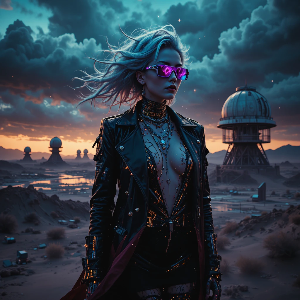 Reina forajida cyberpunk sobre observatorio desértico inundado