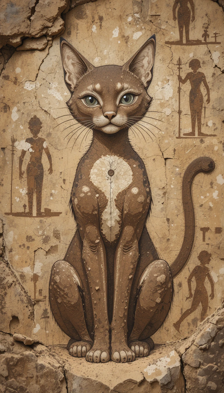 Antiga pintura rupestre de um gato estilizado com olhos grandes