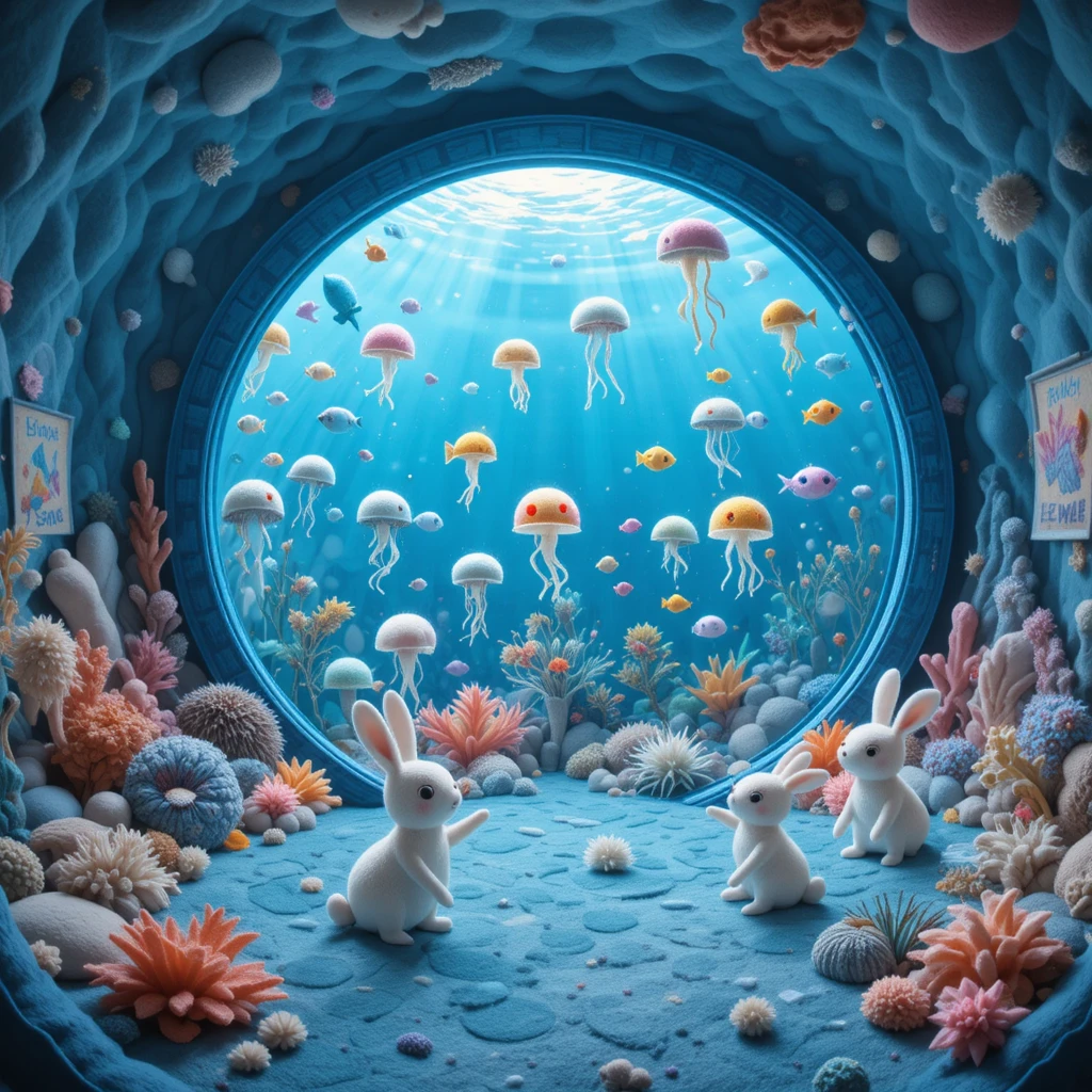 Quarto de aquário subaquático de feltro com coelhinhos kawaii em visita