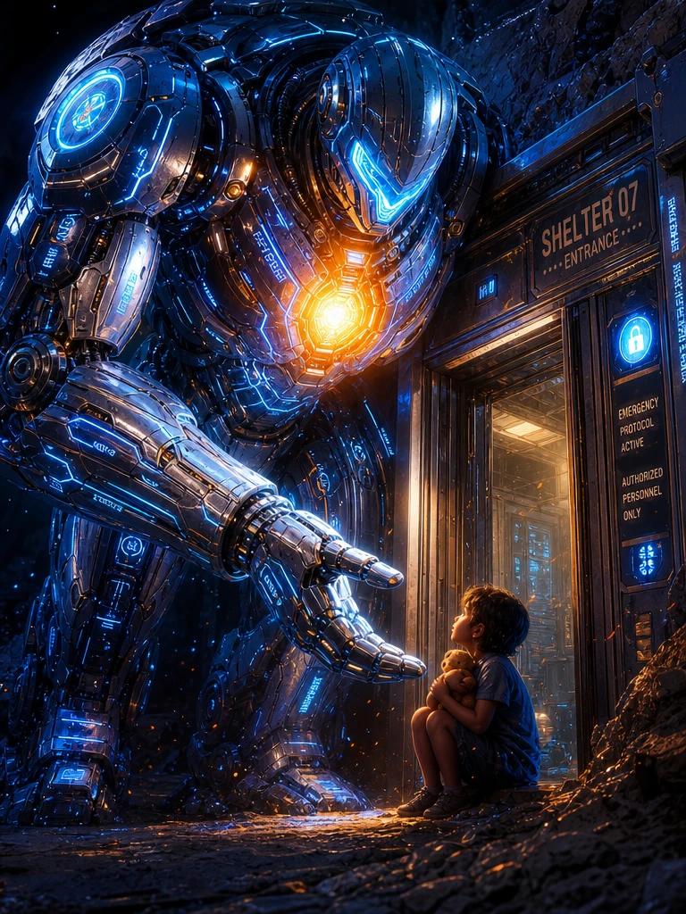 Giant guardian mech comforting a child at shelter entrance