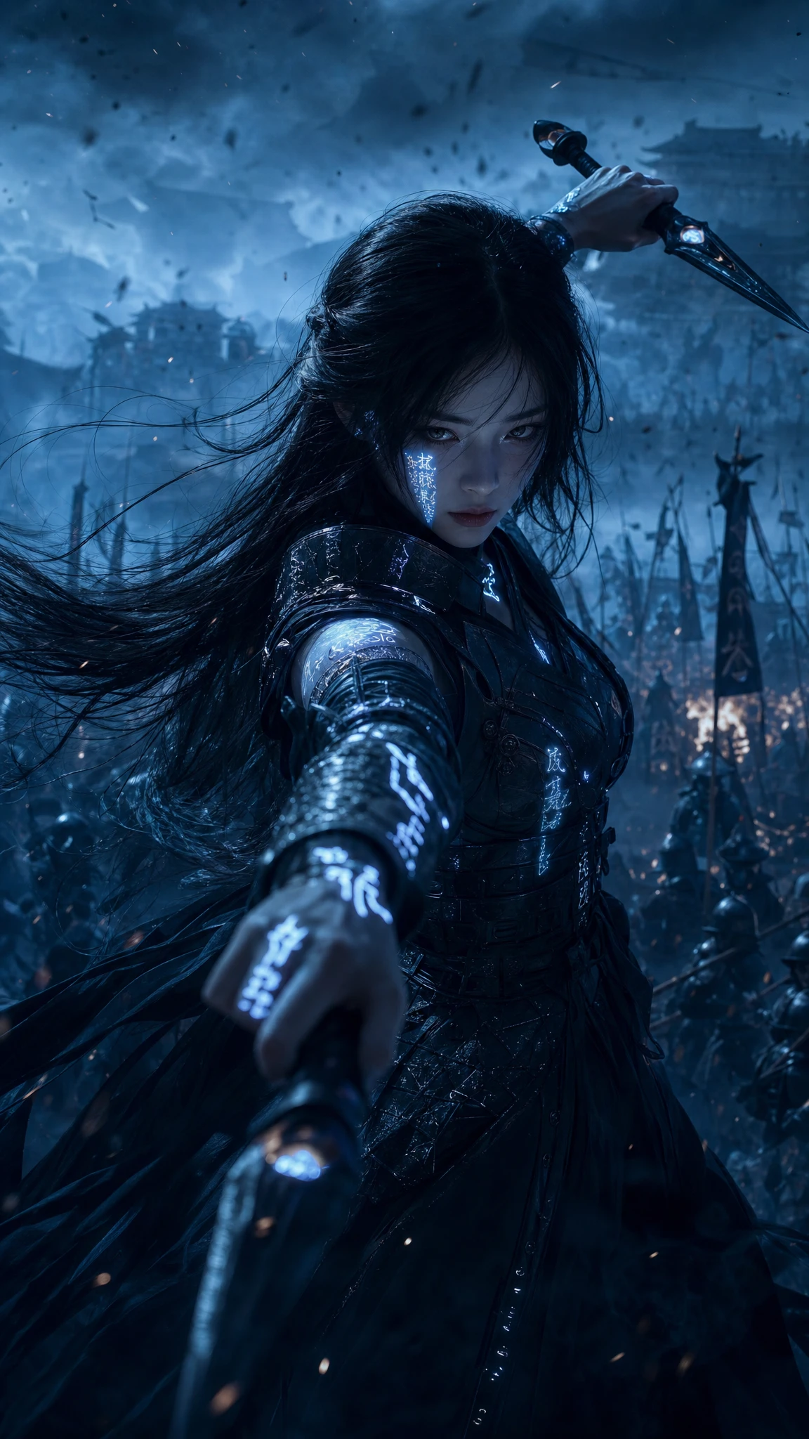 Cybernetic warrior woman on a blue gray fantasy battlefield