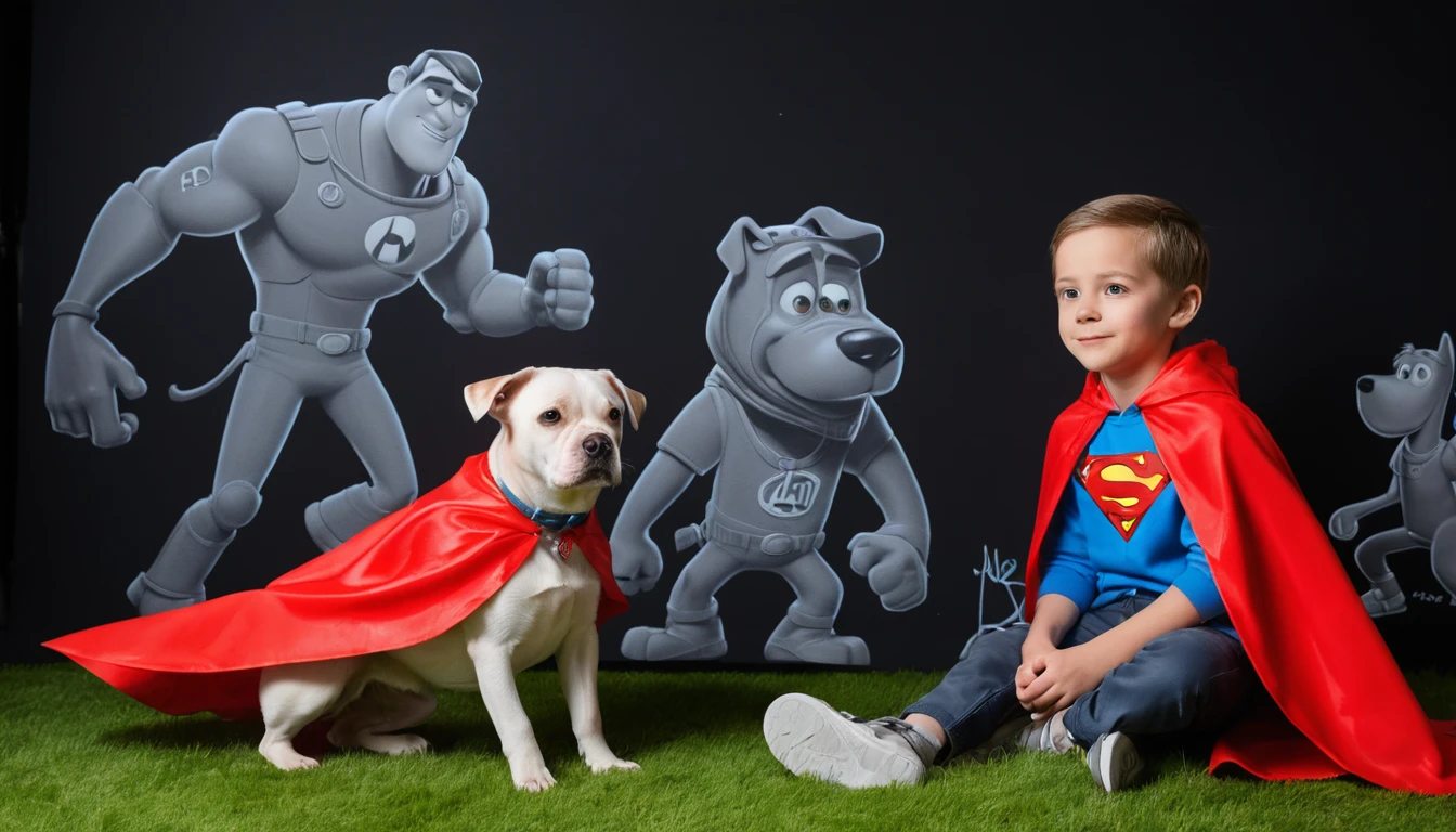 Menino com capa vermelha em um campo de trigo com cachorro