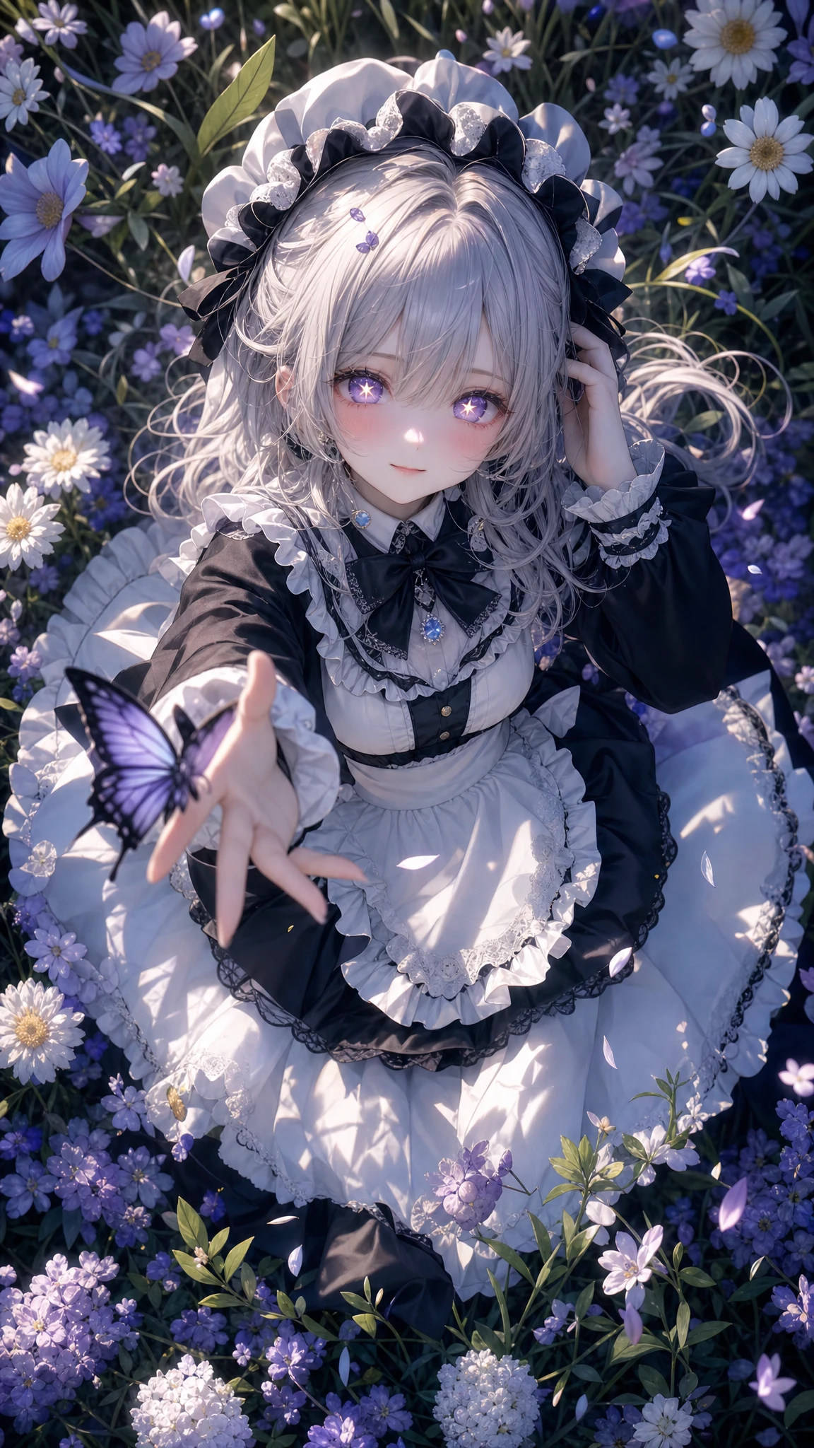Draufsicht auf Anime-Maid-Mädchen im Blumenfeld
