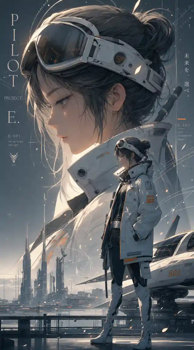 Anime sci fi woman pilot portrait with city backdrop