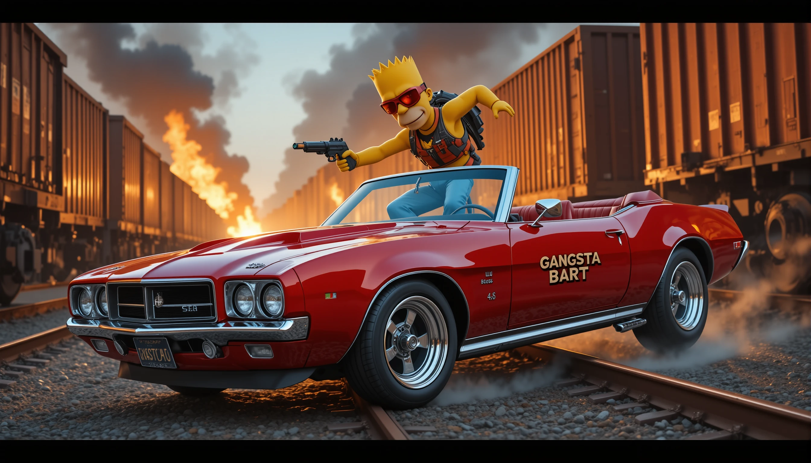 Cartoon street enforcer boy jumping beside red supercar