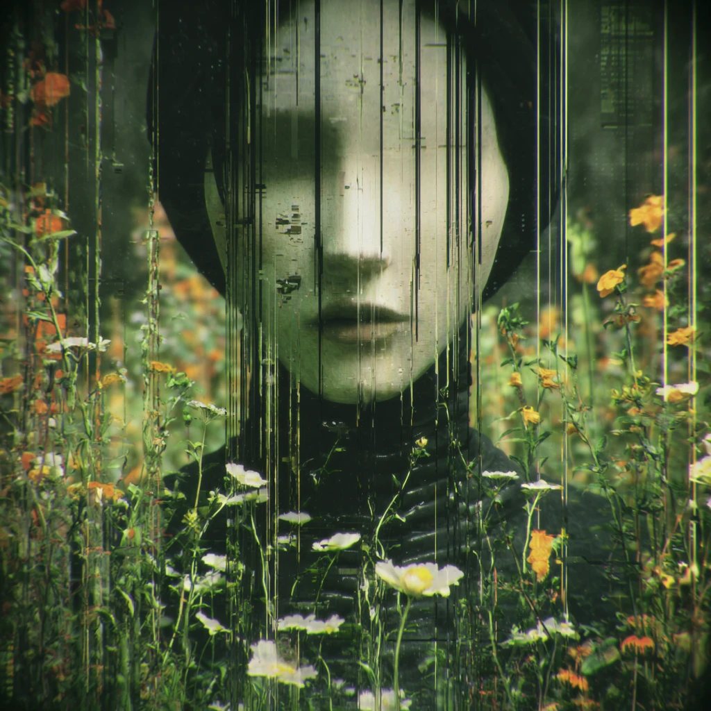 Surreal female figure in a wildflower field of fading memory