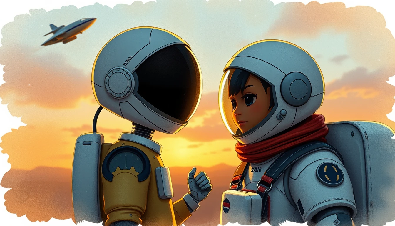 Astronautin reist mit ihrem Roboter durch den Weltraum