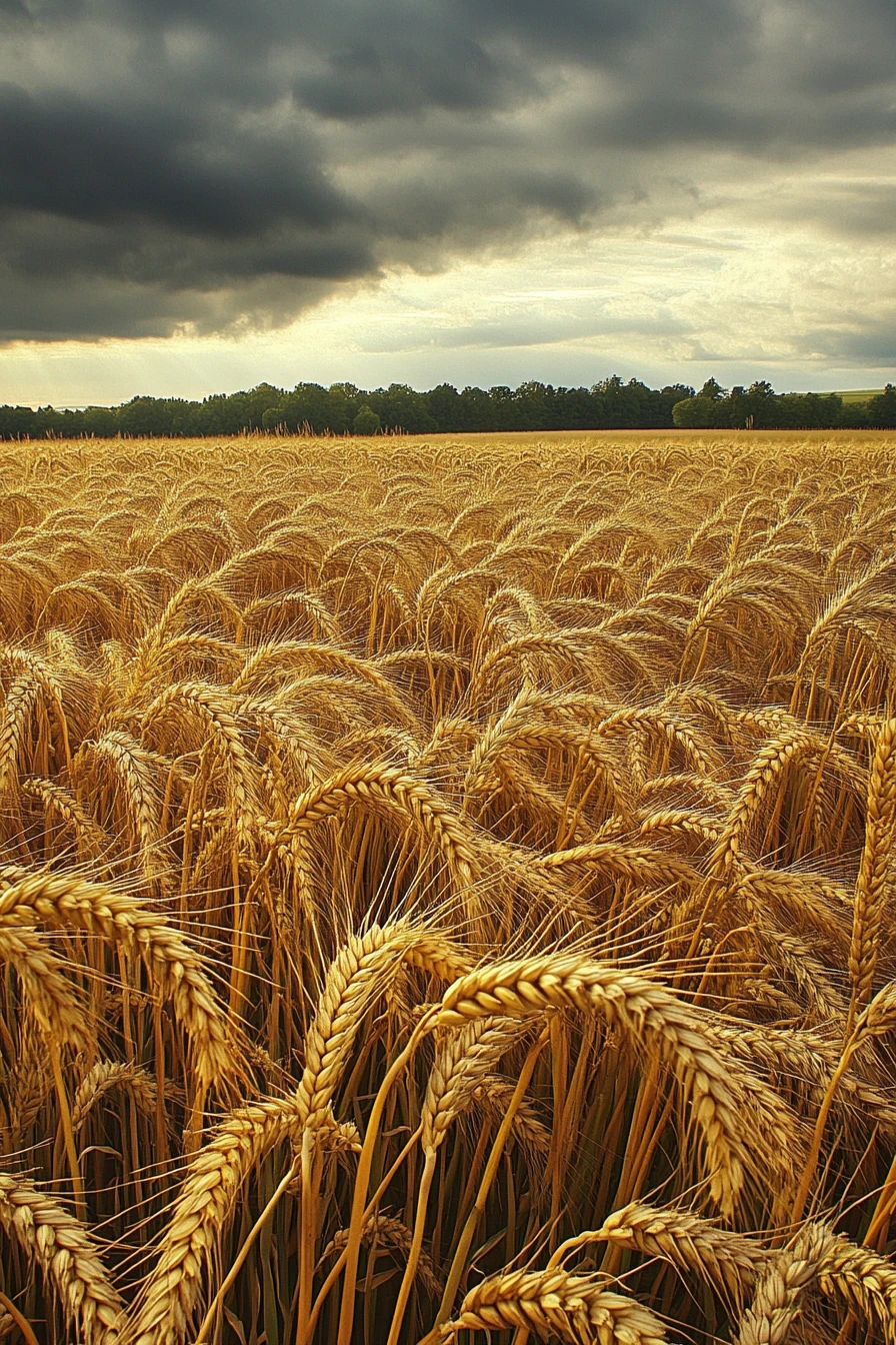 Champ doré de céréales sous un ciel gris lourd et nuageux