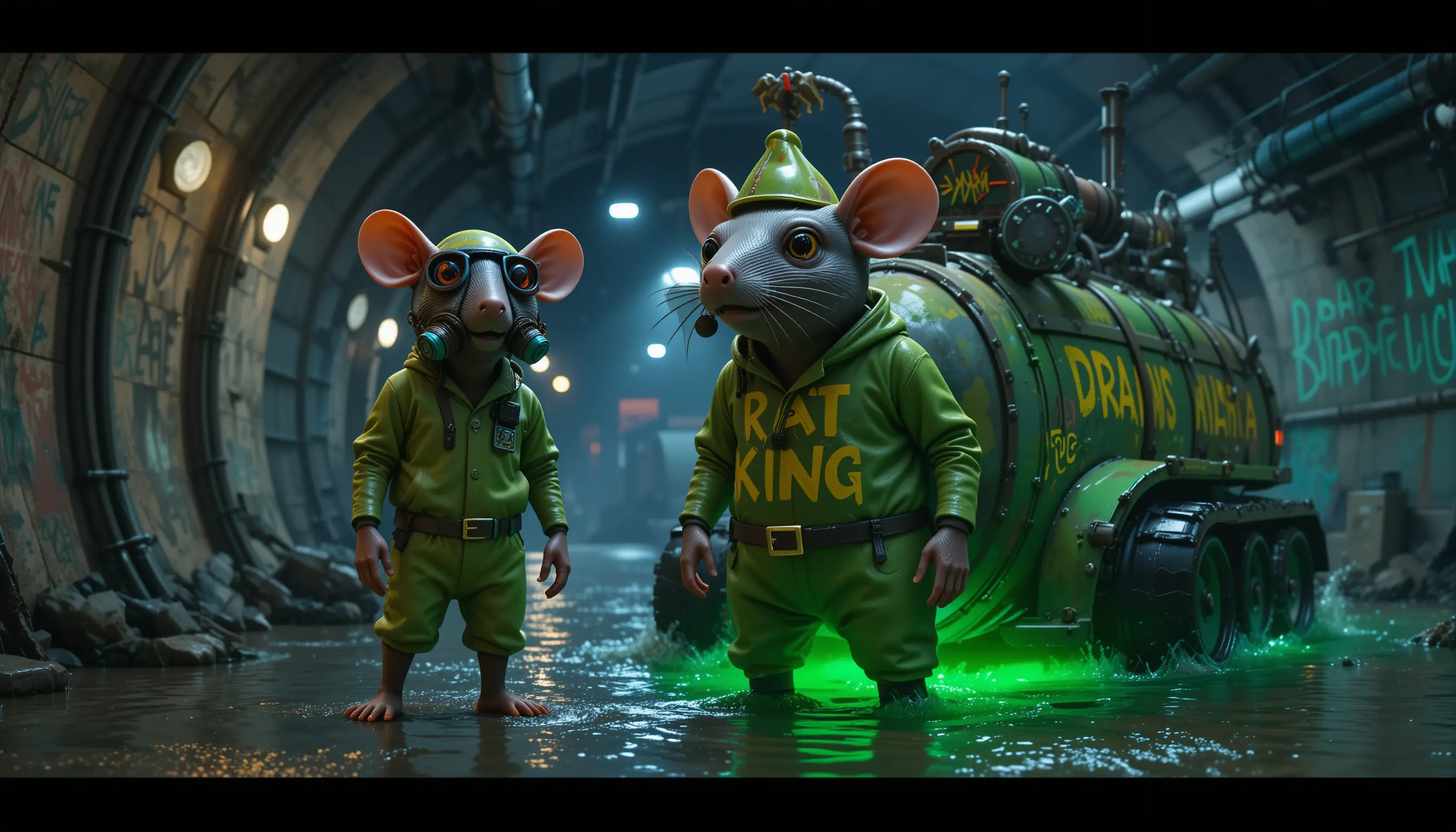 Ratto antropomorfo maestro delle fogne accanto a veicolo anfibio verde