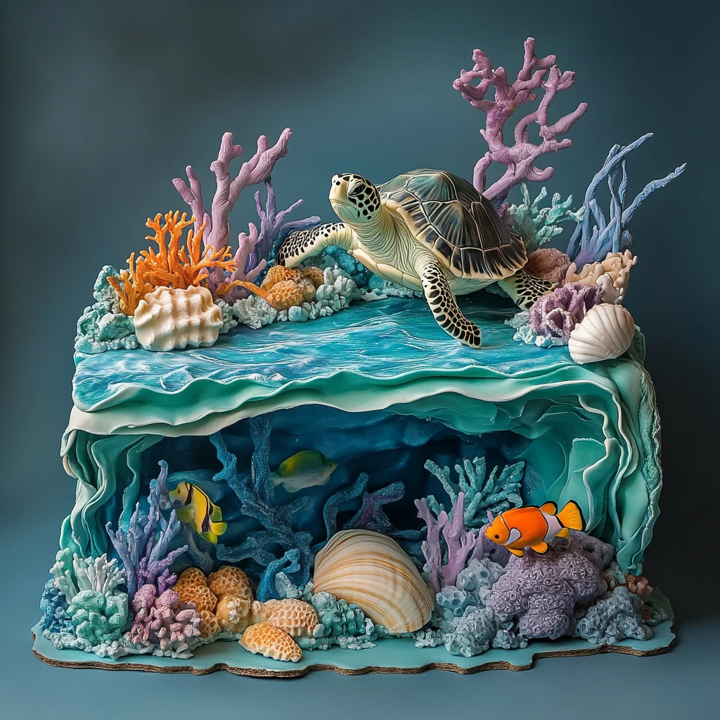 Surrealer Unterwasser-Kuchen mit Schildkröte und bunten Fischen