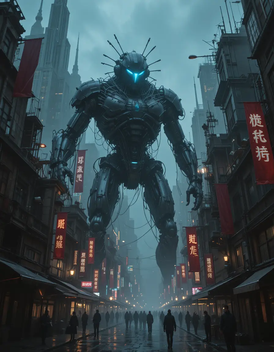 Géant cybernétique dominant une ville néon dystopique