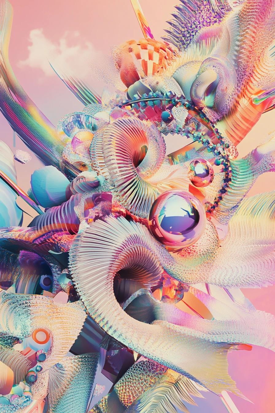 Abstraction géométrique surréaliste avec formes organiques fractales en harmonie