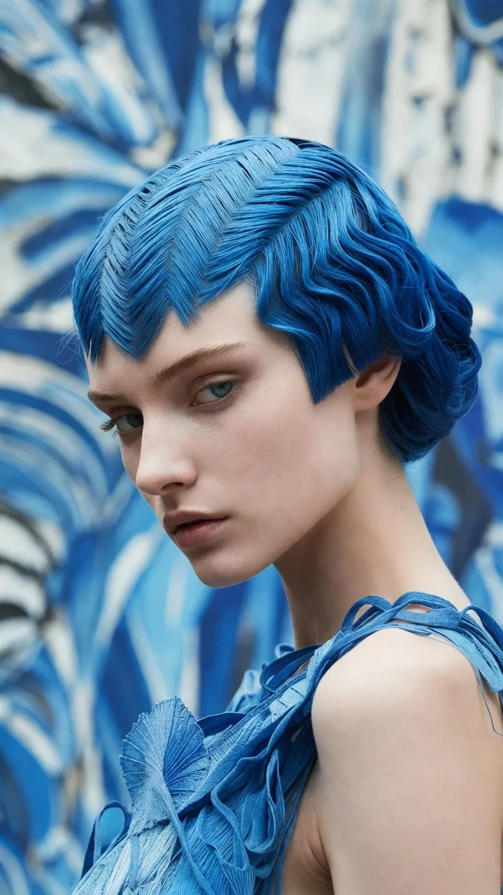 Mujer de moda con diseño de cabello azul inspirado en espiga de pez